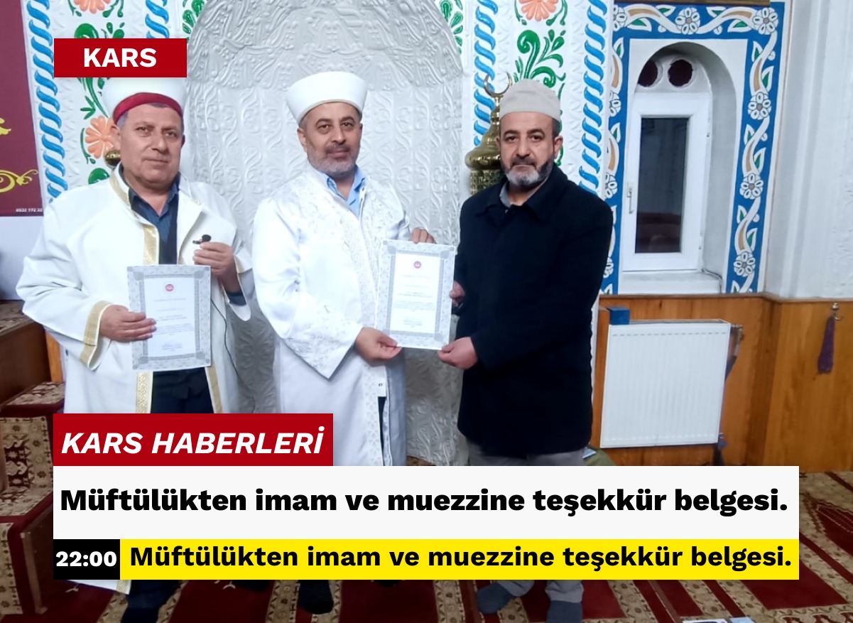 Müftülükten imam ve muezzine  teşekkür belgesi.